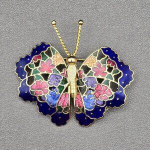 Vintage Gold Tone Pierced Cloisonné Dimensional Butterfly Brooch Pin